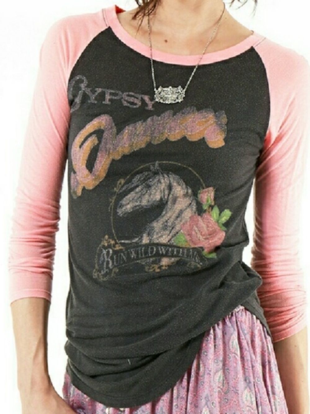 Spell Gypsy Dancer Raglan Top with Pink Sleeves, Small